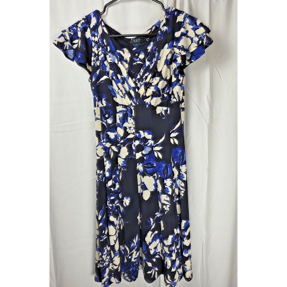 Lauren Ralph Lauren Blue Floral Dress Women’s 4P Petite Faux Wrap Cap Sleeve Mid - Picture 2 of 8
